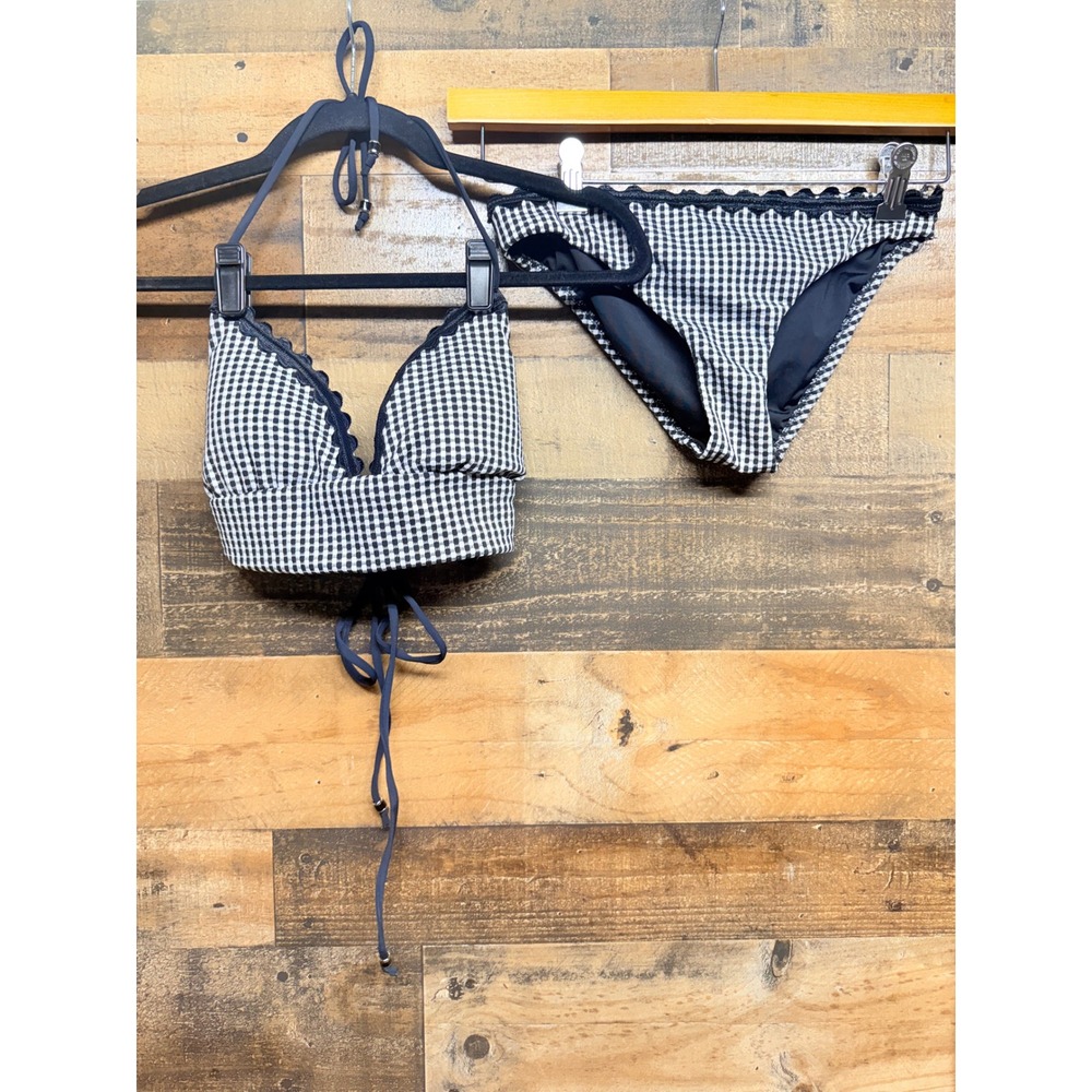Shoshanna Gingham‎ Ric-Rac Bikini Set Black White Halter Top B/C Small 18GJ73